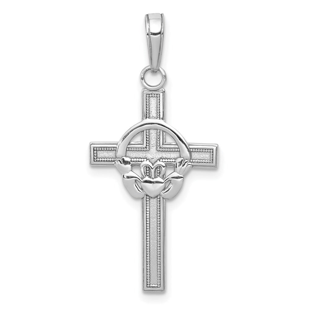 14K Weißgold Poliert Claddagh Kreuz Anhänger
