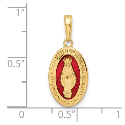 14k Gelbgold Miraculous-Medaille-Anhänger mit roter Emaillierung