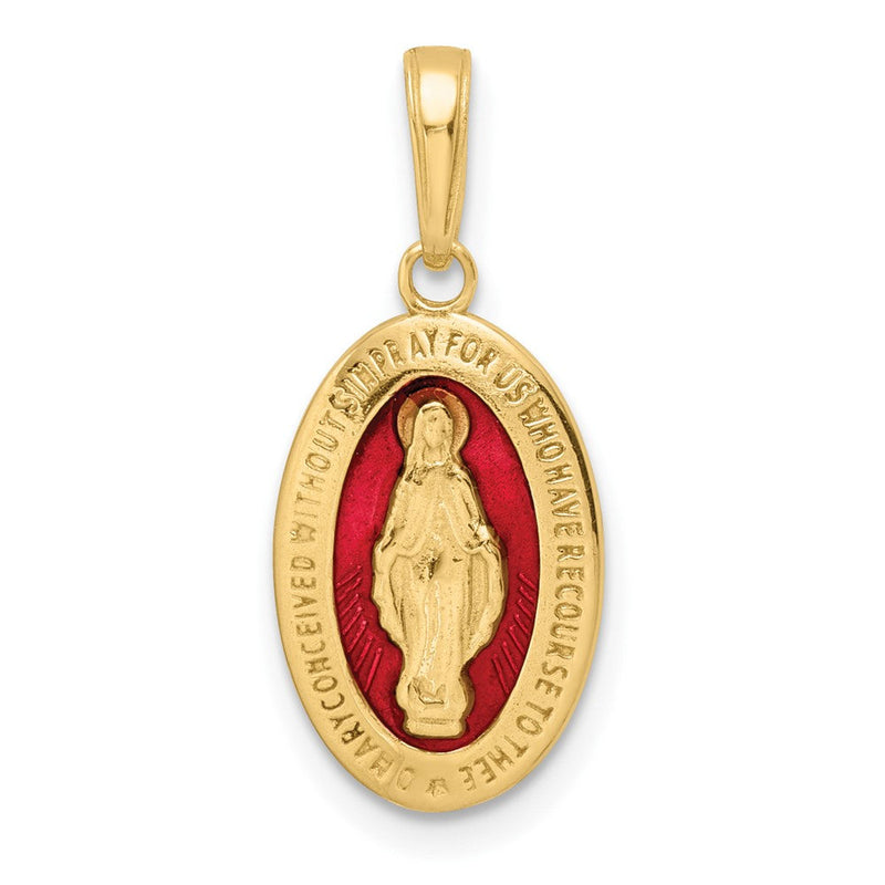 14k Gelbgold Miraculous-Medaille-Anhänger mit roter Emaillierung