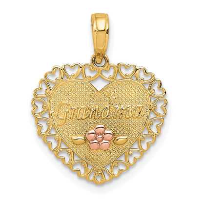 14K Bicolor Oma Herz mit Blume Charm