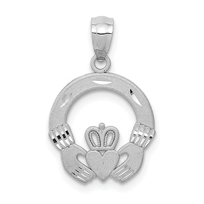 14K Weißgold Massiv Diamantiert Claddagh Anhänger