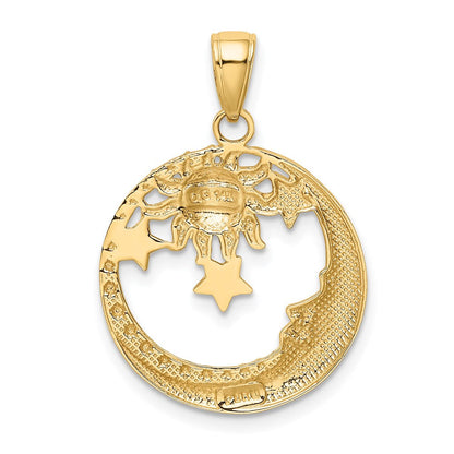 14K Gelb- und Rhodiumgold sowie Rhodium diamantiertes Mond-Sterne-und-Sonne-Anhänger