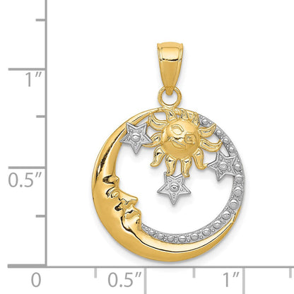 14K Gelb- und Rhodiumgold sowie Rhodium diamantiertes Mond-Sterne-und-Sonne-Anhänger