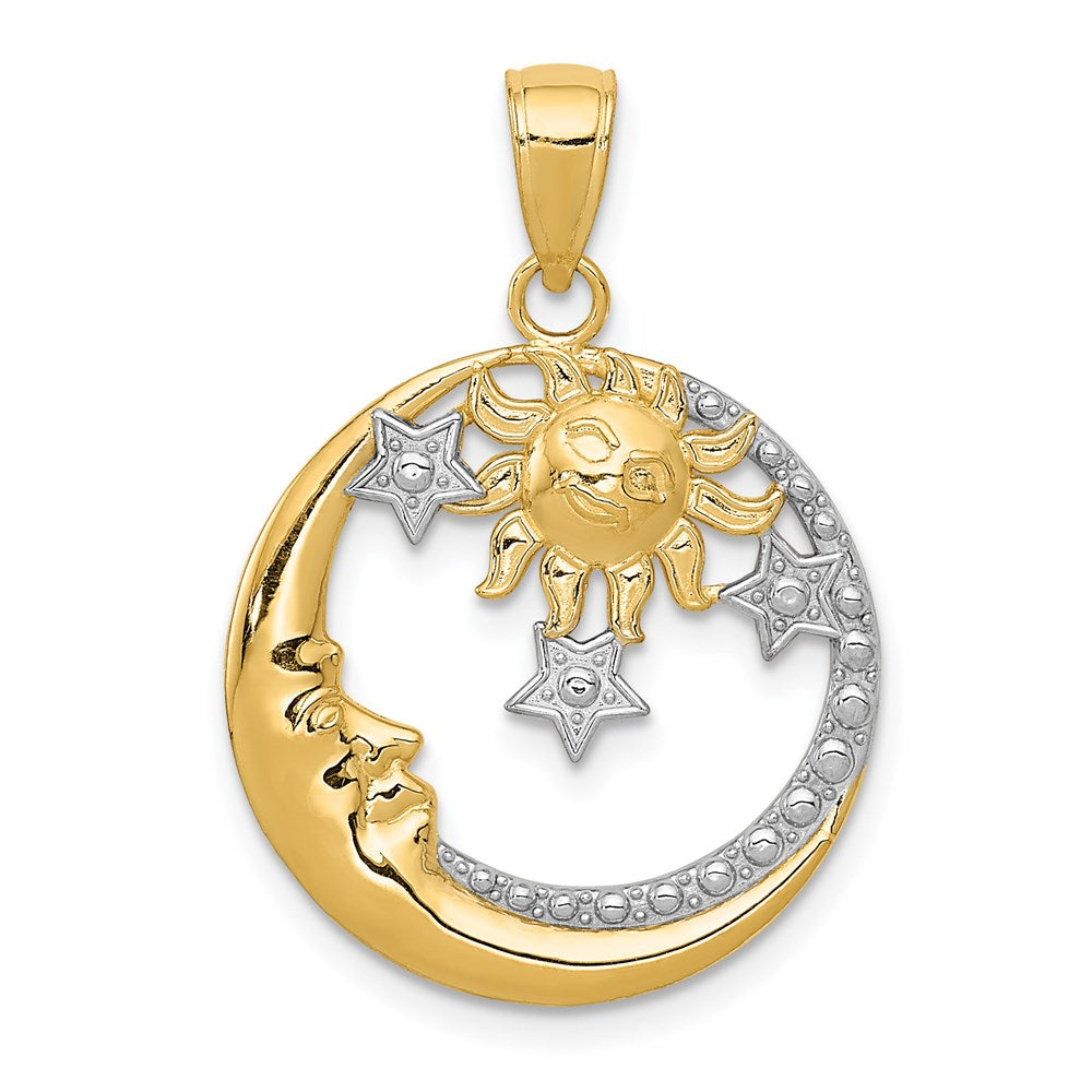 14K Gelb- und Rhodiumgold sowie Rhodium diamantiertes Mond-Sterne-und-Sonne-Anhänger