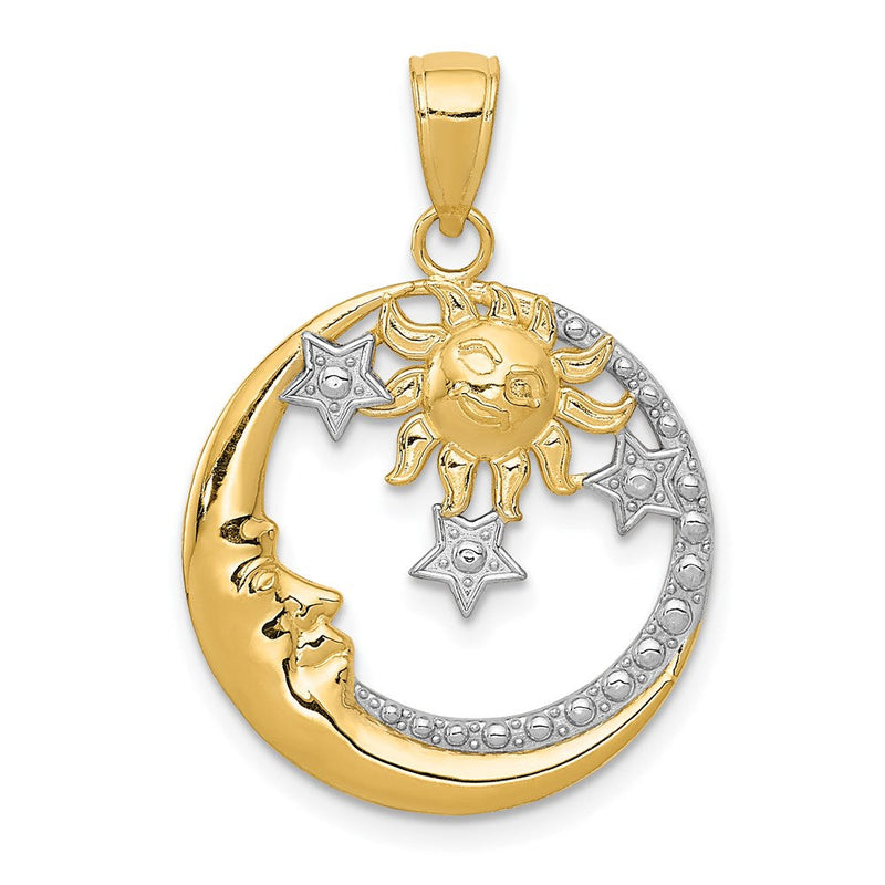 14K Gelb- und Rhodiumgold sowie Rhodium diamantiertes Mond-Sterne-und-Sonne-Anhänger