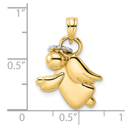 14 Karat Gelb- und Rhodiumgold & Weißes Rhodium diamantbeschliffener Heiligenschein-Anhänger mit Engel