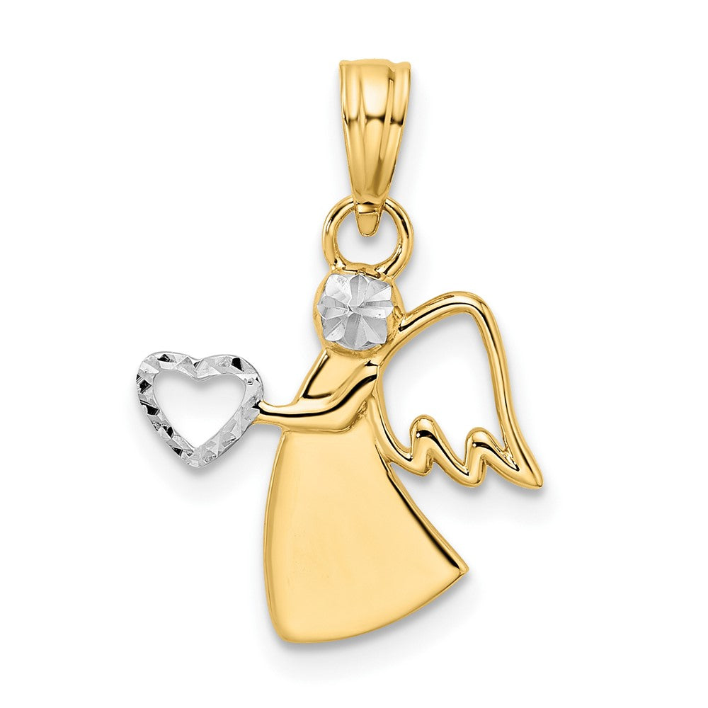 14K Gelb & Rhodium Weiß Diamantiert Engel Holding Herz Anhänger