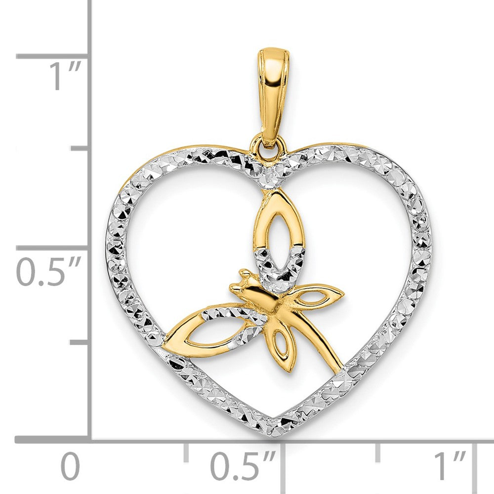 14K Gelb- und Rhodiumgold sowie Weißrhodium Diamantgeschliffener Libelle-im-Herz-Anhänger