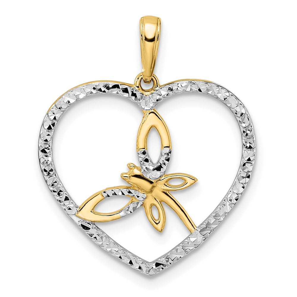14K Gelb- und Rhodiumgold sowie Weißrhodium Diamantgeschliffener Libelle-im-Herz-Anhänger