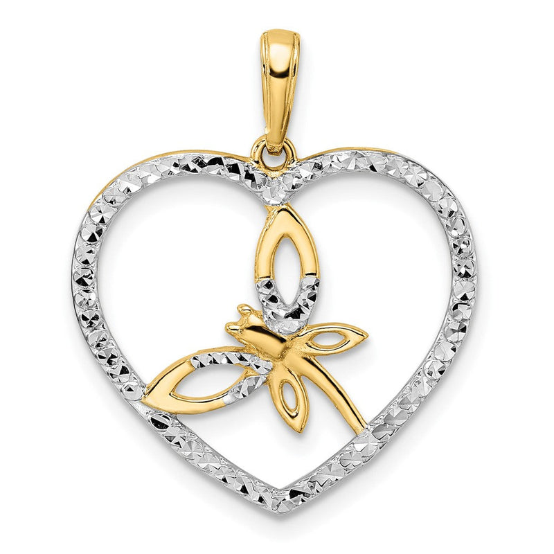 14K Gelb- und Rhodiumgold sowie Weißrhodium Diamantgeschliffener Libelle-im-Herz-Anhänger