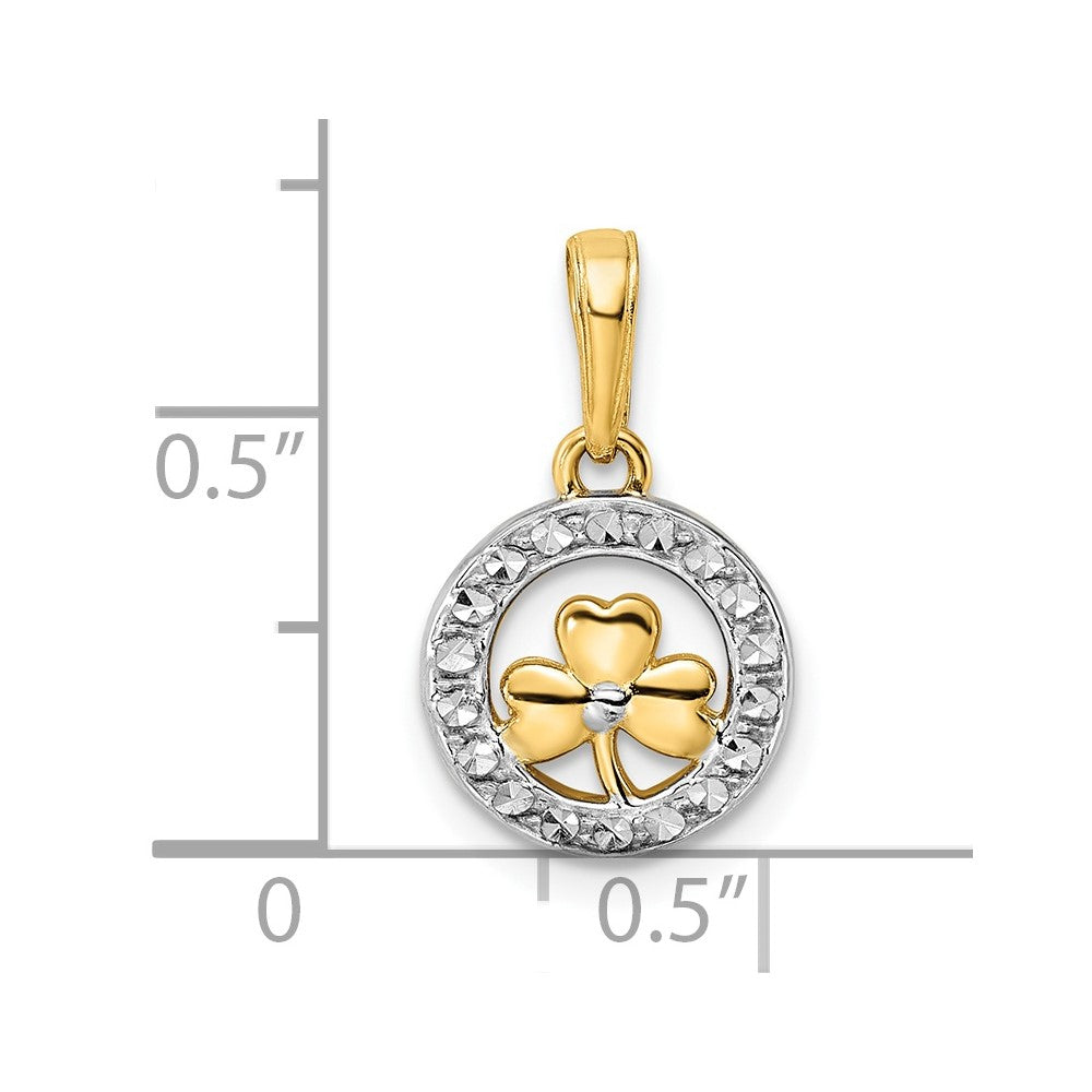 14K Gelb & Rhodium und Weiß Diamantiert Klee in Kreis Anhänger