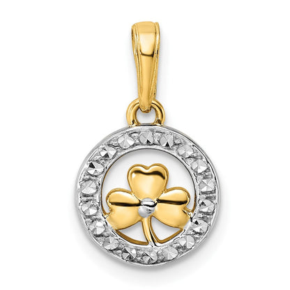 14K Gelb & Rhodium und Weiß Diamantiert Klee in Kreis Anhänger