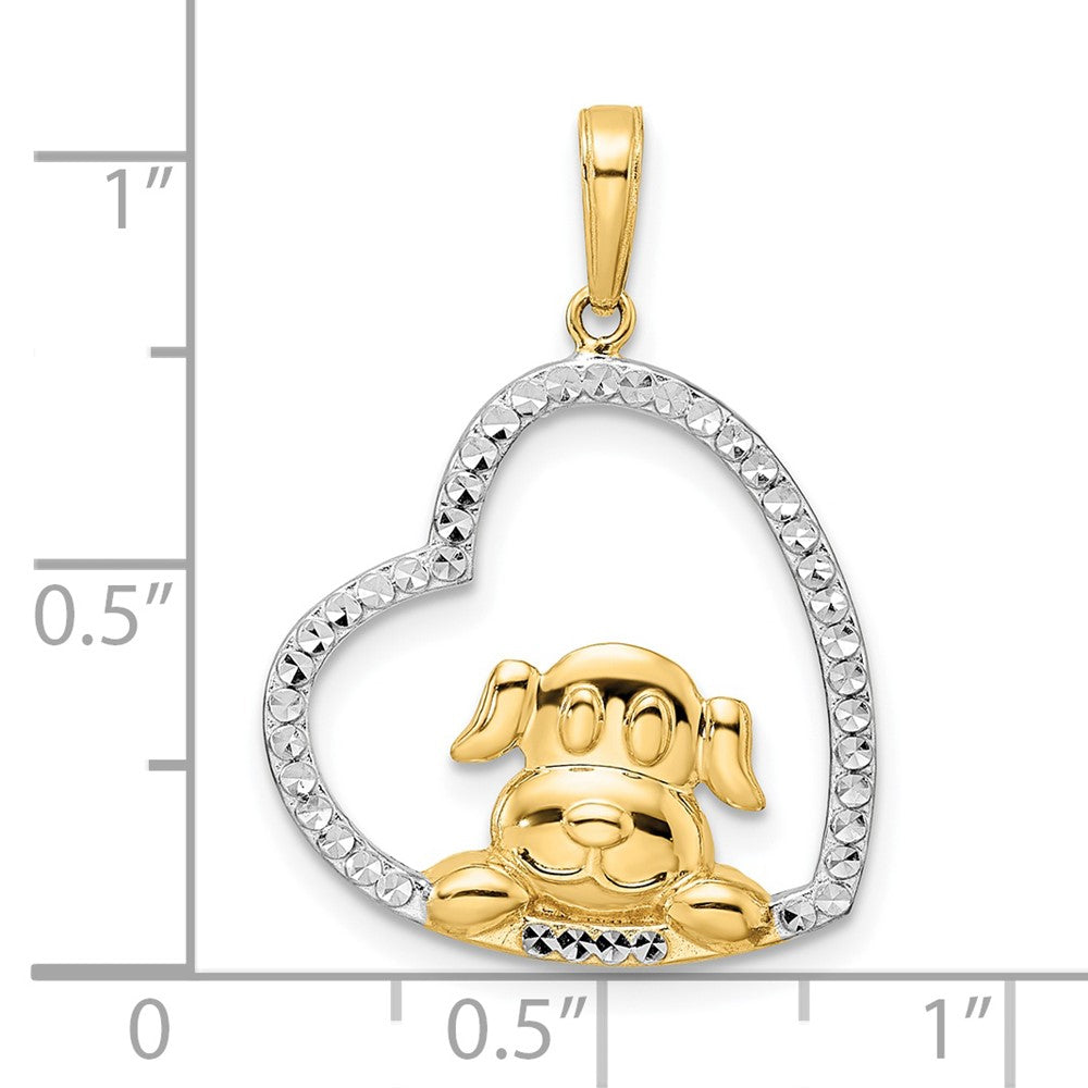 14K Gelbgold und Weißrhodium mit Rhodium diamantiert geschliffener Welpe im Herz Anhänger
