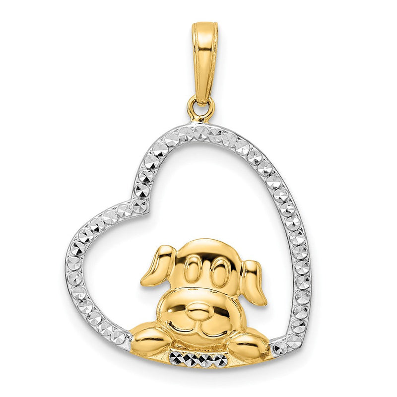 14K Gelbgold und Weißrhodium mit Rhodium diamantiert geschliffener Welpe im Herz Anhänger