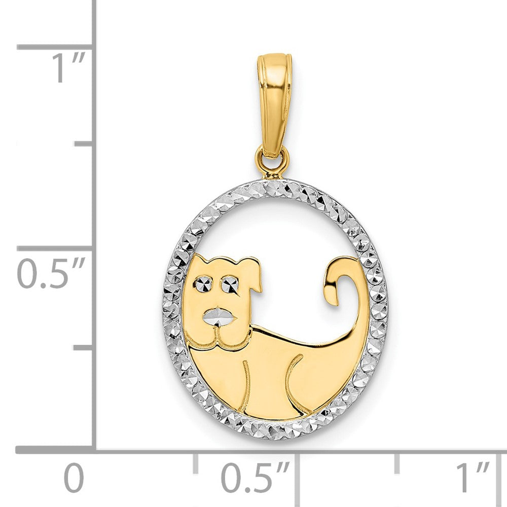 14K Gelb & Rhodium und Weiß Diamantiert Hund in Oval Anhänger