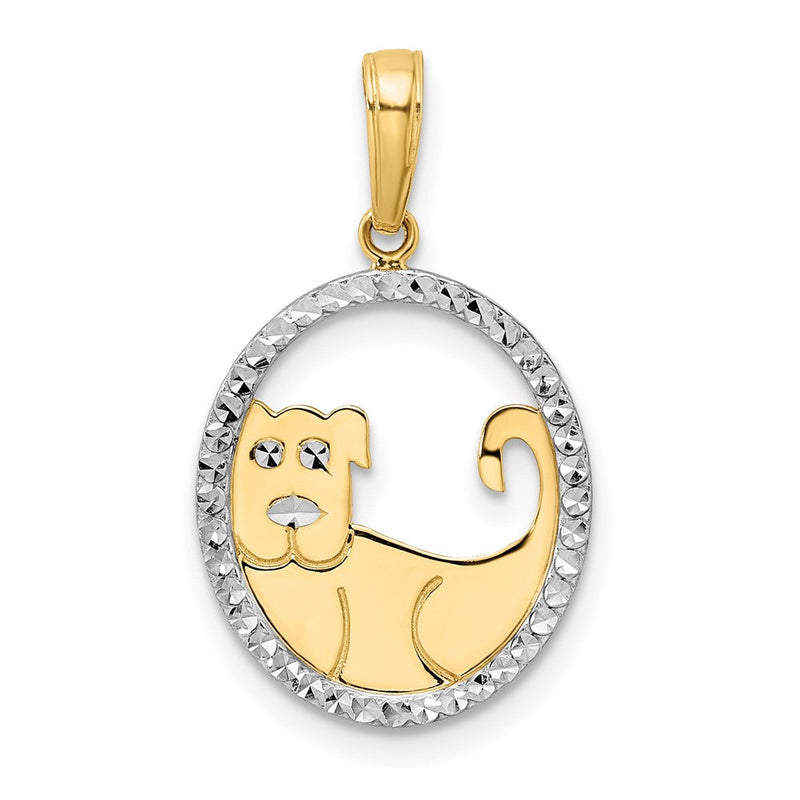 14K Gelb & Rhodium und Weiß Diamantiert Hund in Oval Anhänger