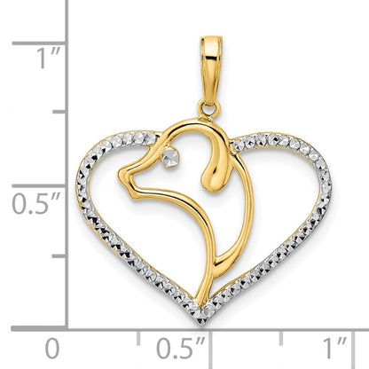 14K Gelb- und Rhodiumgold sowie Weißrhodium diamantgeschliffener Hundekopf-im-Herz-Anhänger