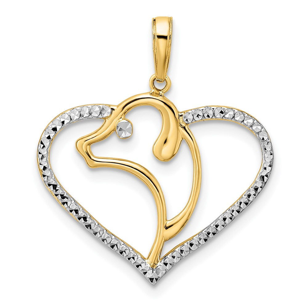14K Gelb- und Rhodiumgold sowie Weißrhodium diamantgeschliffener Hundekopf-im-Herz-Anhänger
