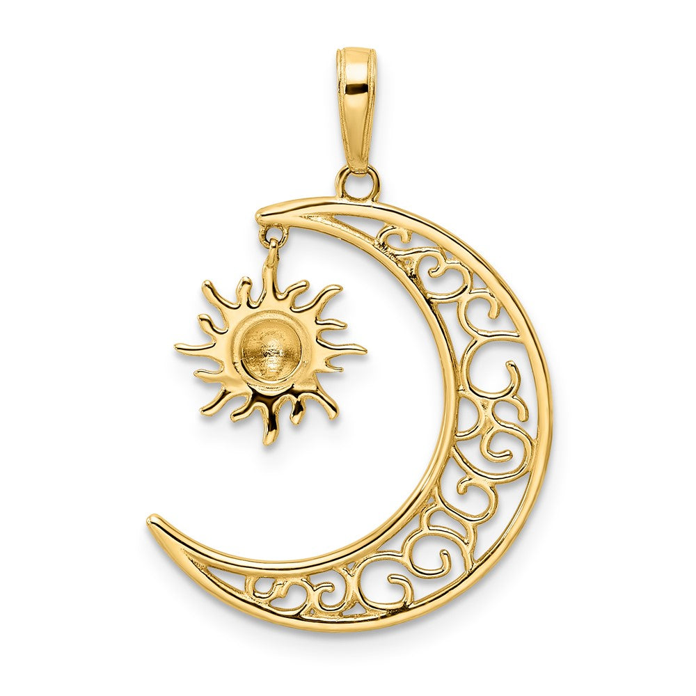 14K Gelb- und Rhodiumgold sowie Weißrhodium Anhänger mit diamantiertem Mond und baumelnder Sonne