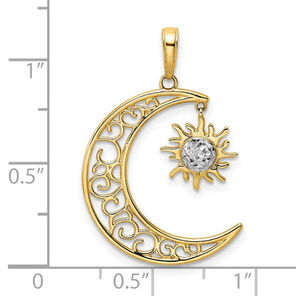 14K Gelb- und Rhodiumgold sowie Weißrhodium Anhänger mit diamantiertem Mond und baumelnder Sonne