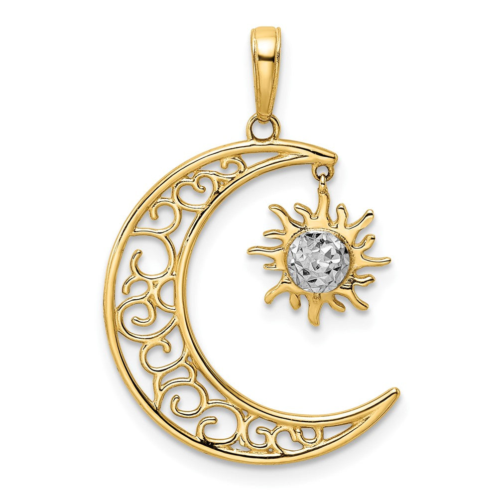 14K Gelb- und Rhodiumgold sowie Weißrhodium Anhänger mit diamantiertem Mond und baumelnder Sonne