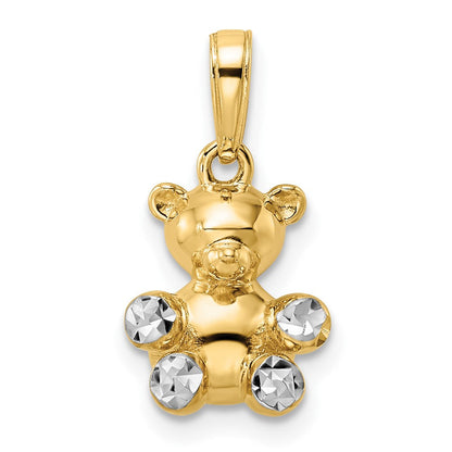 14K Gelb- und Rhodiumgold mit Weißrhodium 3D diamantgeschliffener Teddybär-Anhänger