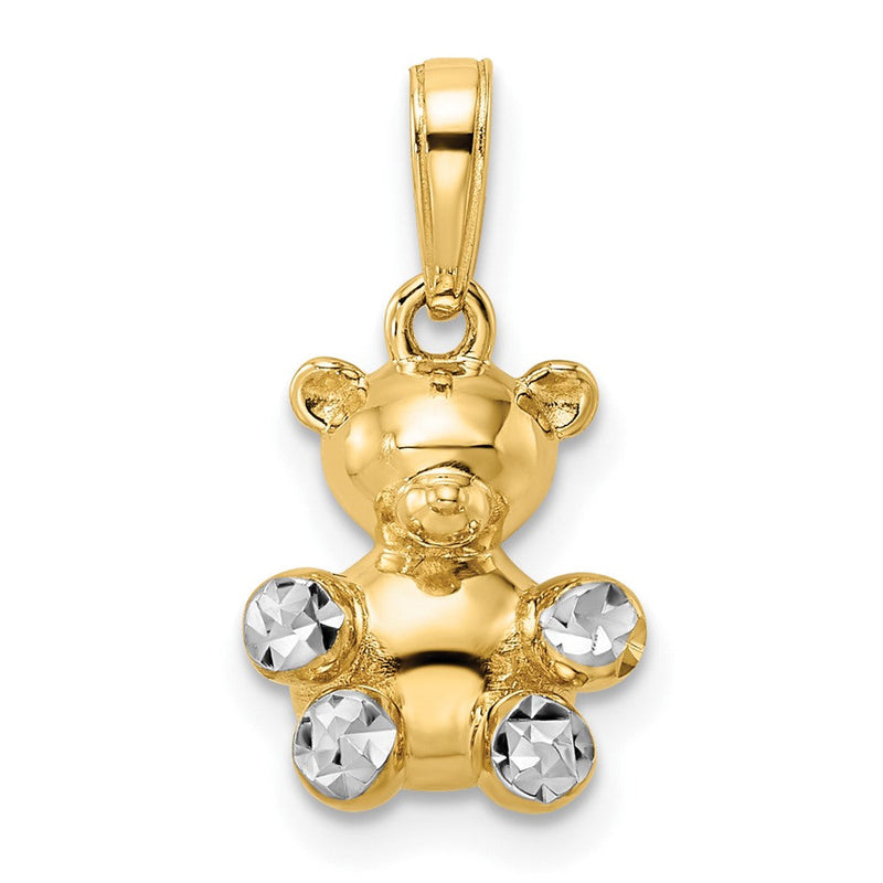 14K Gelb- und Rhodiumgold mit Weißrhodium 3D diamantgeschliffener Teddybär-Anhänger