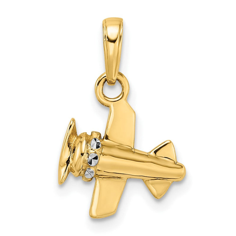 14K Gelb- und Rhodiumgold mit Weißrhodium 3D-diamantgeschliffener Flugzeug-Anhänger