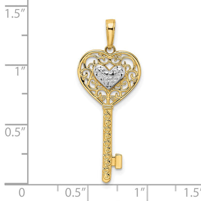 14K Gelb- und Rhodiumgold sowie Weißrhodium diamantierter Filigran-Herz-Schlüsselanhänger