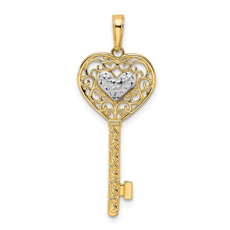 14K Gelb- und Rhodiumgold sowie Weißrhodium diamantierter Filigran-Herz-Schlüsselanhänger