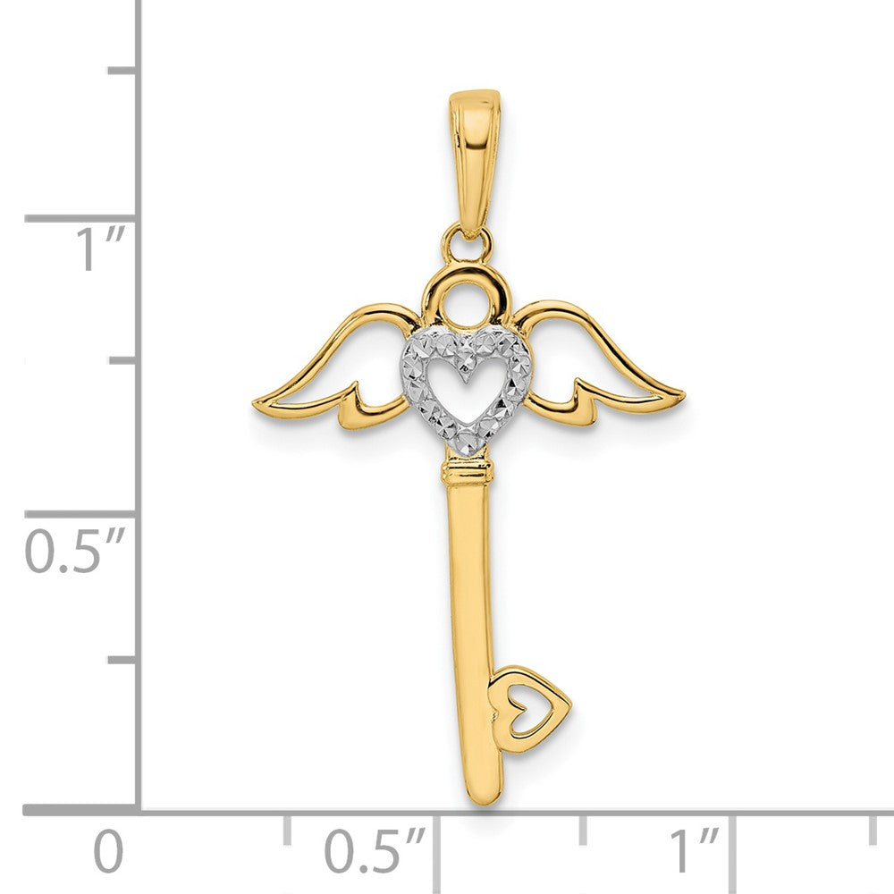 14K Gelb & Rhodium und Weiß Diamantiert Herz/ Engel Flügel Key Anhänger