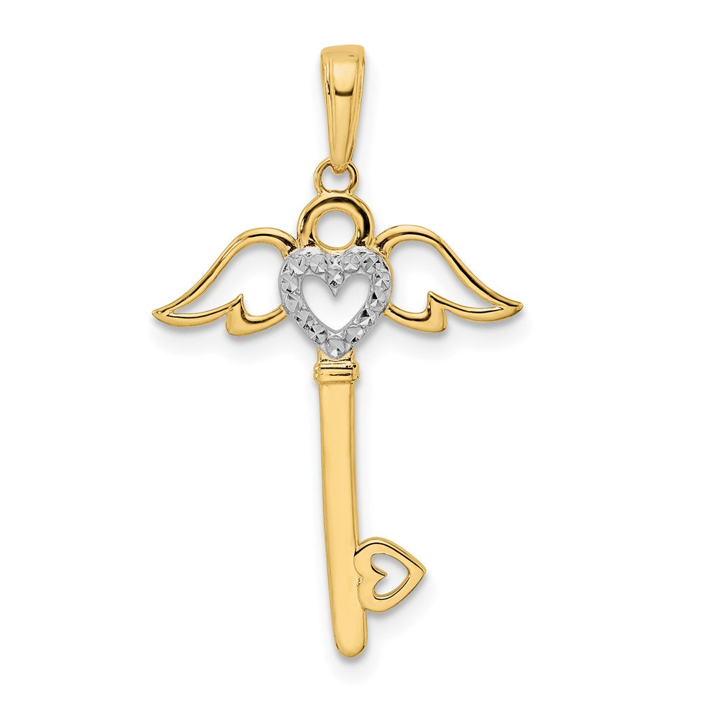 14K Gelb & Rhodium und Weiß Diamantiert Herz/ Engel Flügel Key Anhänger