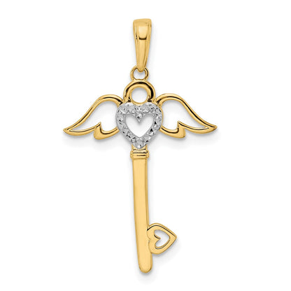 14K Gelb & Rhodium und Weiß Diamantiert Herz/ Engel Flügel Key Anhänger