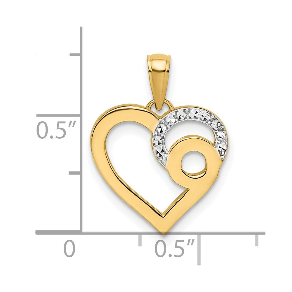 14K Gelb- und Rhodium-Gold sowie Weißrhodium Diamantgeschliffener Wirbel-Herzanhänger