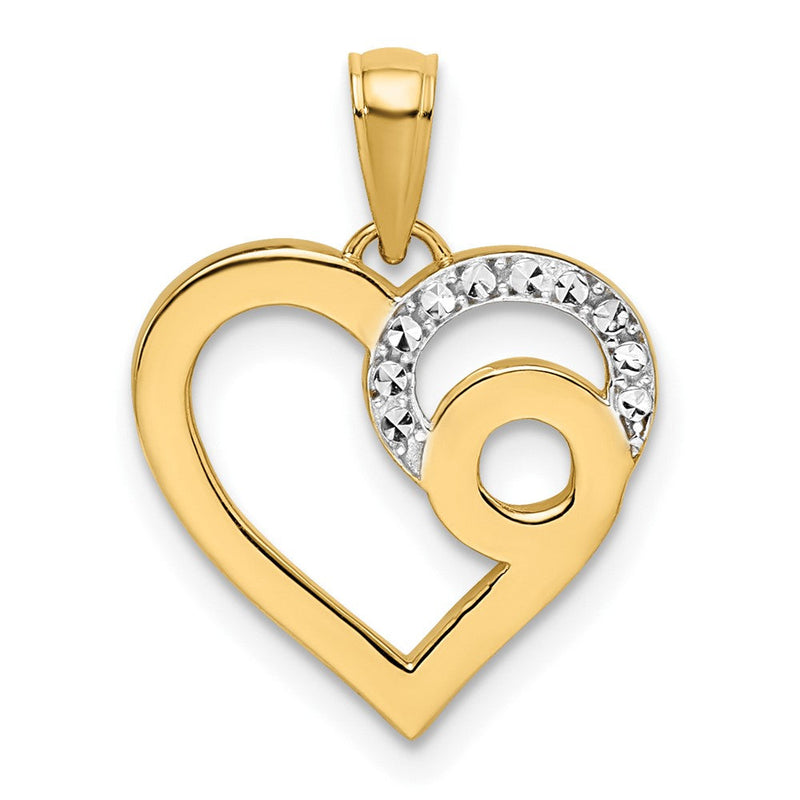 14K Gelb- und Rhodium-Gold sowie Weißrhodium Diamantgeschliffener Wirbel-Herzanhänger