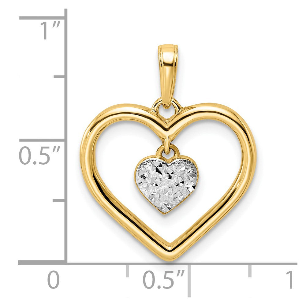 14K Gelb- und Rhodiumgold sowie Weißrhodium Diamantgeschliffener Herz-Anhänger mit baumelndem Herz