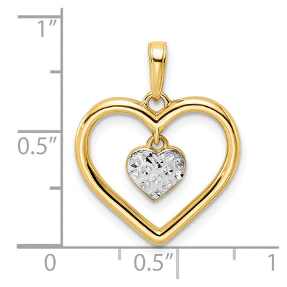 14K Gelb- und Rhodiumgold sowie Weißrhodium Diamantgeschliffener Herz-Anhänger mit baumelndem Herz