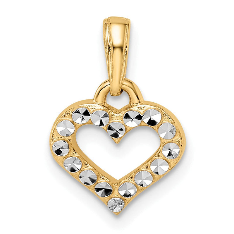 14 Karat Gelbgold und Weißgold mit Rhodium-Beschichtung, Diamant-geschliffener Herz-Anhänger