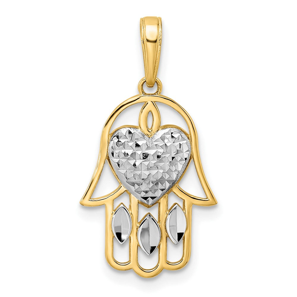 14K Gelb- & Rhodium-Gold & Weißrhodium diamantierter Herz-Hamsa-Anhänger