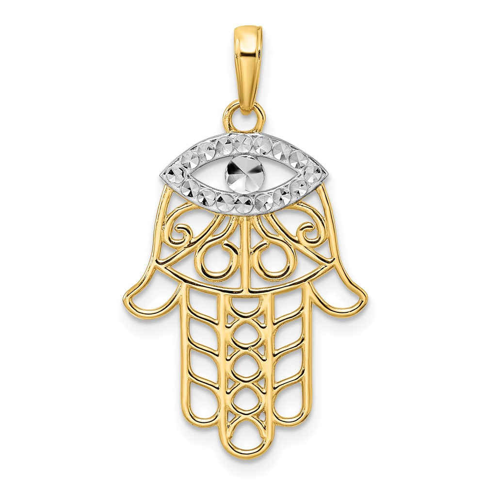 14K Gelb- und Rhodiumgold & Weißrhodium diamantierter Hamsa-Anhänger mit Bösem Blick