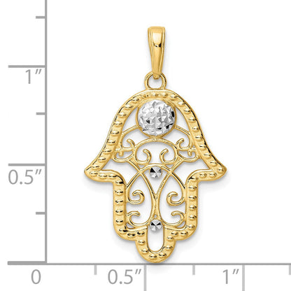 14 Karat Gelb- und Rhodiumgold & Weißes Rhodium Diamantschliff Böser-Blick Filigran Hamsa-Anhänger