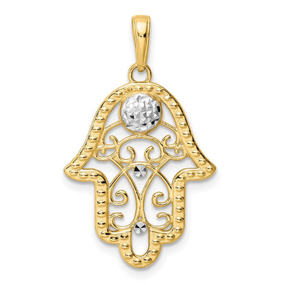 14 Karat Gelb- und Rhodiumgold & Weißes Rhodium Diamantschliff Böser-Blick Filigran Hamsa-Anhänger