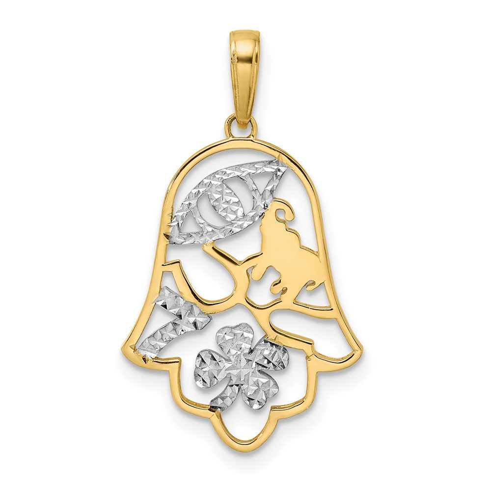 14K Gelb- & Rhodium-Gold & Weißrhodium diamantierter Hamsa-Anhänger mit Glückssymbolen