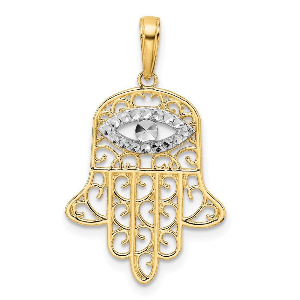 14K Gelb- & Rhodiumgold & Weißrhodium Diamantierter Filigraner Hamsa-Anhänger mit Bösem Blick