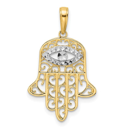 14K Gelb- & Rhodiumgold & Weißrhodium Diamantierter Filigraner Hamsa-Anhänger mit Bösem Blick