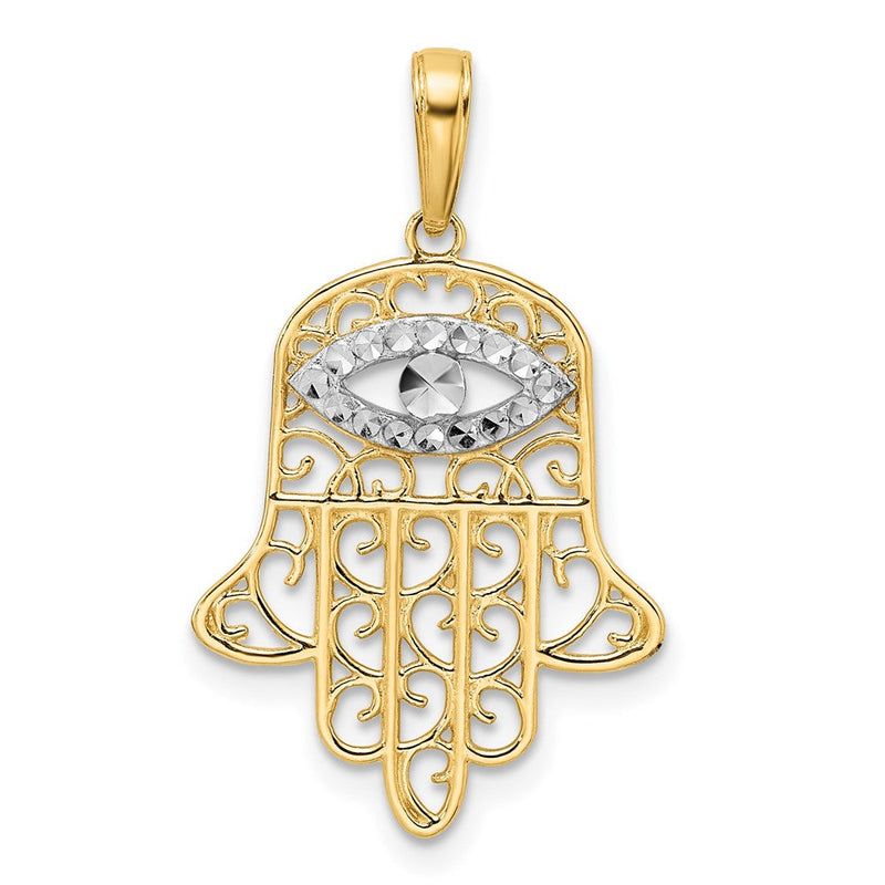 14K Gelb- & Rhodiumgold & Weißrhodium Diamantierter Filigraner Hamsa-Anhänger mit Bösem Blick
