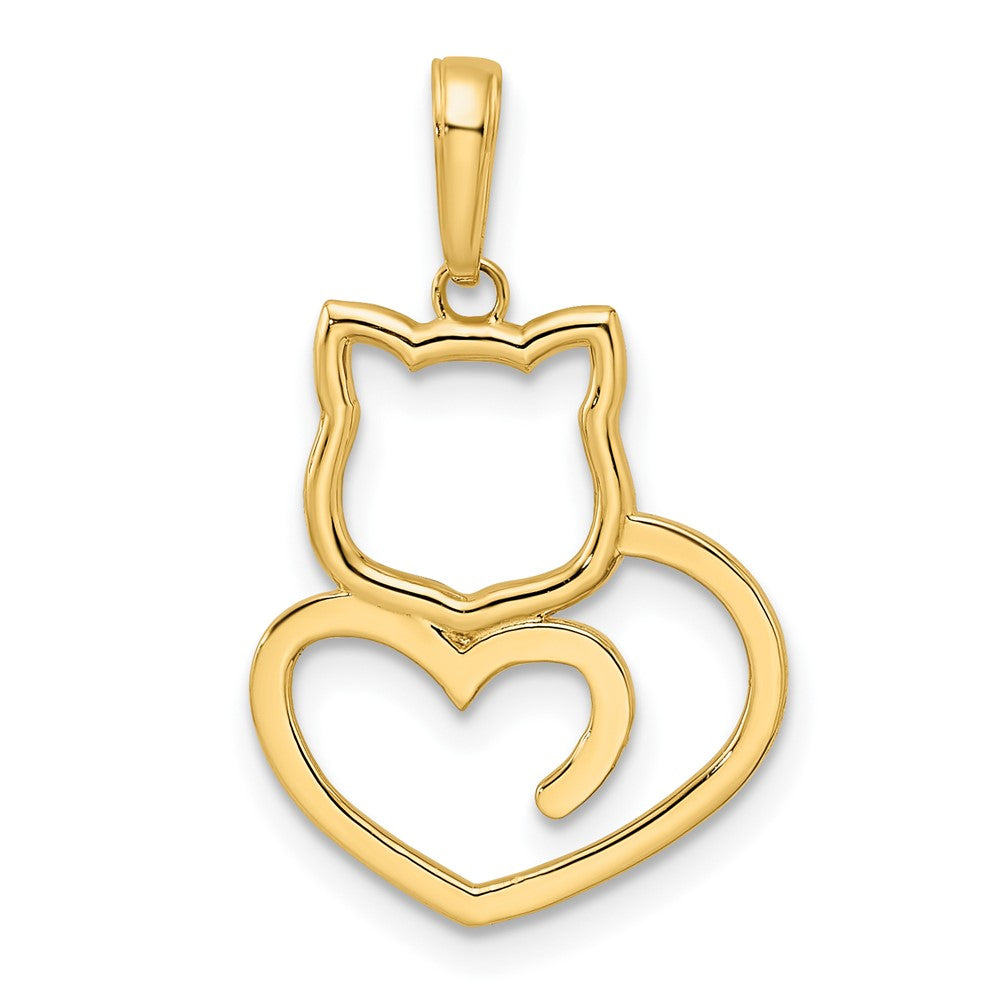 14K Gelbgold und Weißroditiniertes Gold mit Rhodinierung, diamantgeschliffener Katzen-Herz-Anhänger