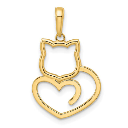 14K Gelbgold und Weißroditiniertes Gold mit Rhodinierung, diamantgeschliffener Katzen-Herz-Anhänger