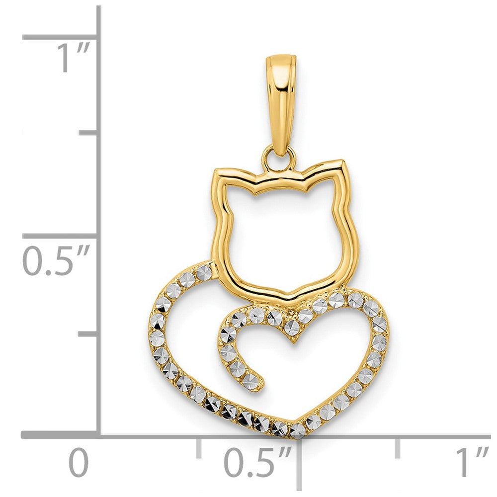 14K Gelbgold und Weißroditiniertes Gold mit Rhodinierung, diamantgeschliffener Katzen-Herz-Anhänger