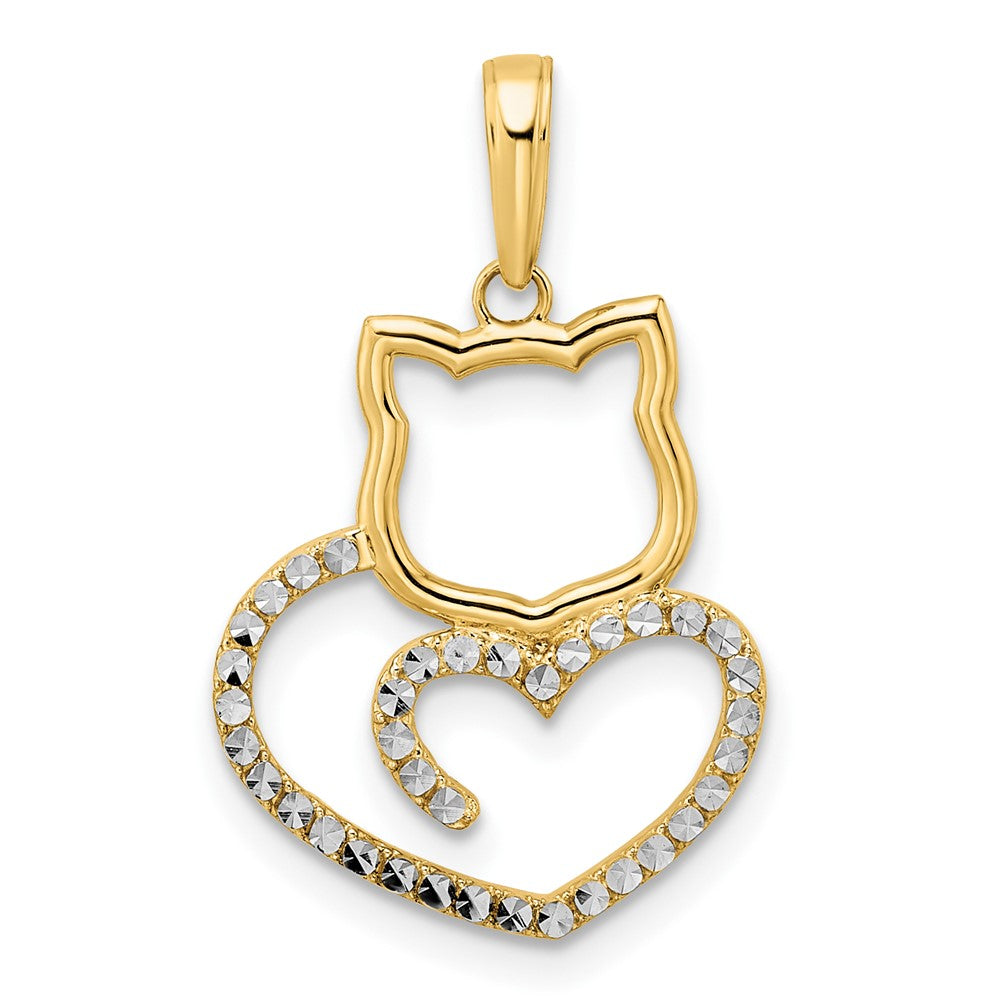 14K Gelbgold und Weißroditiniertes Gold mit Rhodinierung, diamantgeschliffener Katzen-Herz-Anhänger